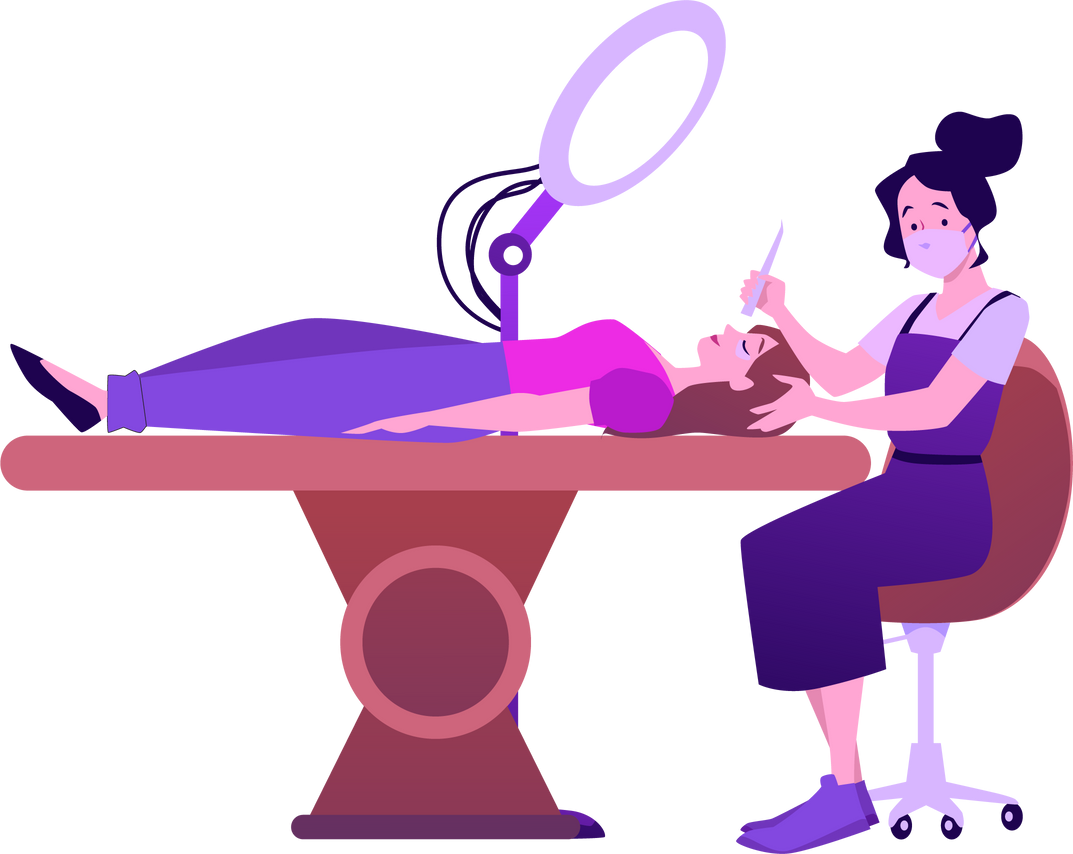 Woman in mask making eyelash extension procedure